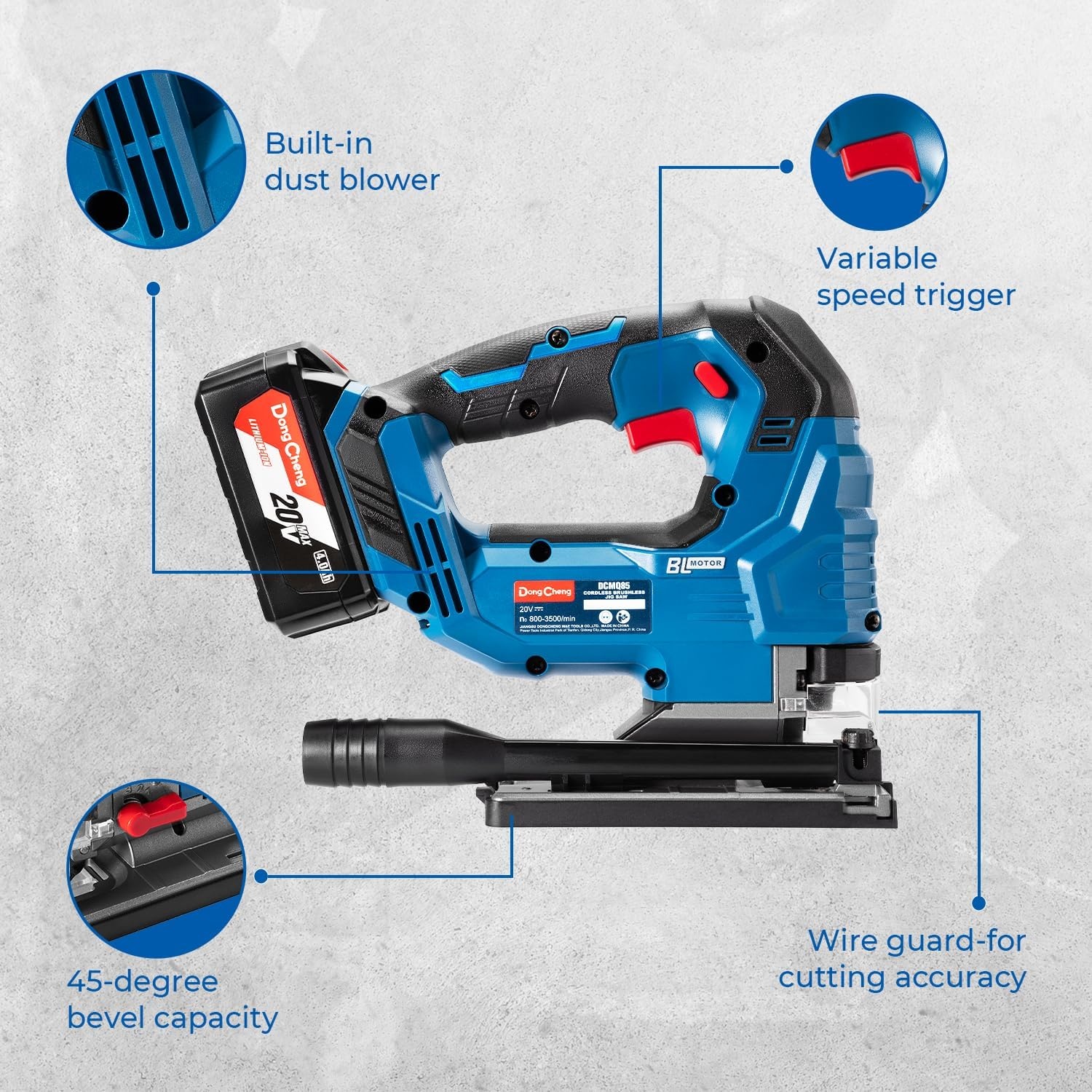 image:imageBattery amp Charger Not Included Dong Cheng 20V Brushless Jigsaw 26mm Stroke 8003500 SPM 045 Bevel 6Speed Orbital Action Dual LED Dust BlowerJig Saw