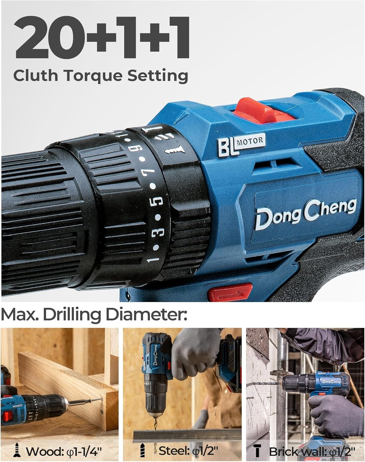 image:imageDong Cheng 20V Brushless Heavyduty Impact Drill 443 inlbs 27000 IPM 12 Keyless Metal Chuck 2011 Clutch Cordless Hammer Drill with 2 Battery Kit for Drilling Brick Wall Metal Wood443inlbs Impact Drill