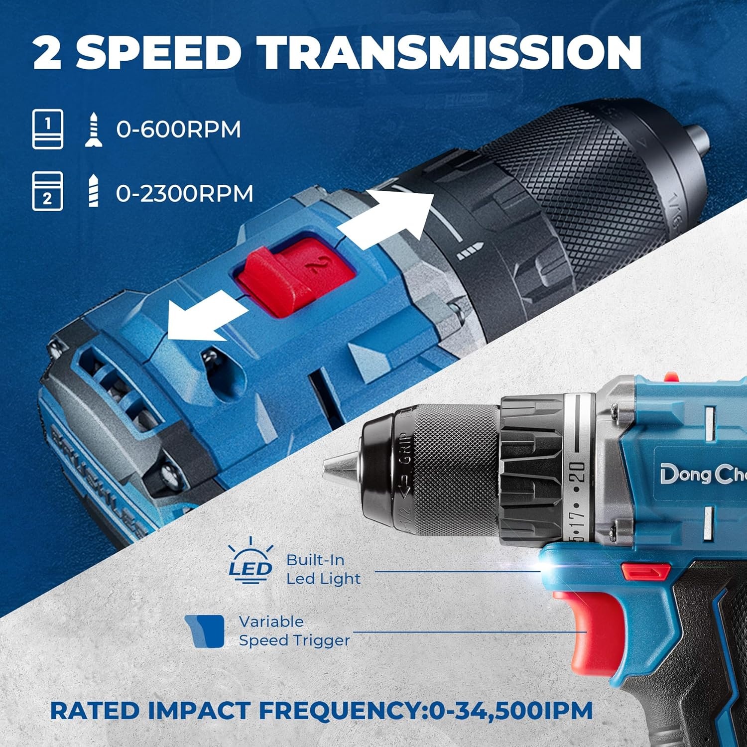 image:imageDong Cheng 20V Brushless Heavyduty Impact Drill 443 inlbs 27000 IPM 12 Keyless Metal Chuck 2011 Clutch Cordless Hammer Drill with 2 Battery Kit for Drilling Brick Wall Metal Wood531inlbs Bare Tool