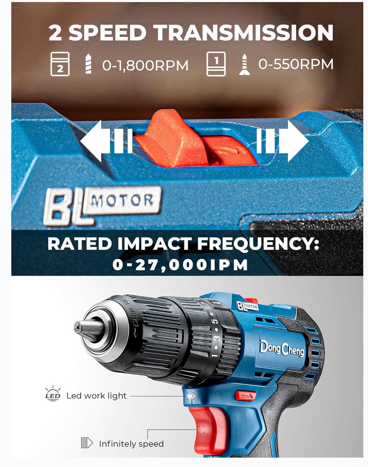 image:imageDong Cheng 20V Brushless Heavyduty Impact Drill 443 inlbs 27000 IPM 12 Keyless Metal Chuck 2011 Clutch Cordless Hammer Drill with 2 Battery Kit for Drilling Brick Wall Metal Wood443inlbs Impact Drill