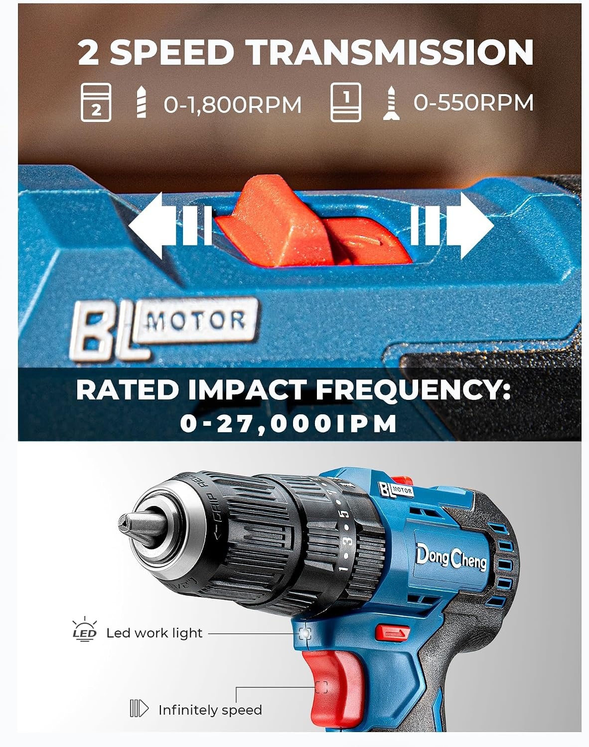 image:imageDong Cheng 20V Brushless Heavyduty Impact Drill 443 inlbs 27000 IPM 12 Keyless Metal Chuck 2011 Clutch Cordless Hammer Drill with 2 Battery Kit for Drilling Brick Wall Metal Wood443inlbs Bare Tool