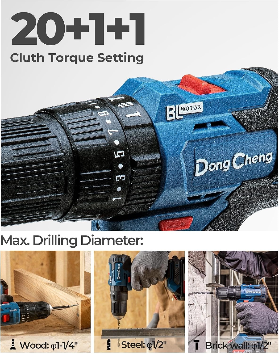 image:imageDong Cheng 20V Brushless Heavyduty Impact Drill 443 inlbs 27000 IPM 12 Keyless Metal Chuck 2011 Clutch Cordless Hammer Drill with 2 Battery Kit for Drilling Brick Wall Metal Wood443inlbs Bare Tool