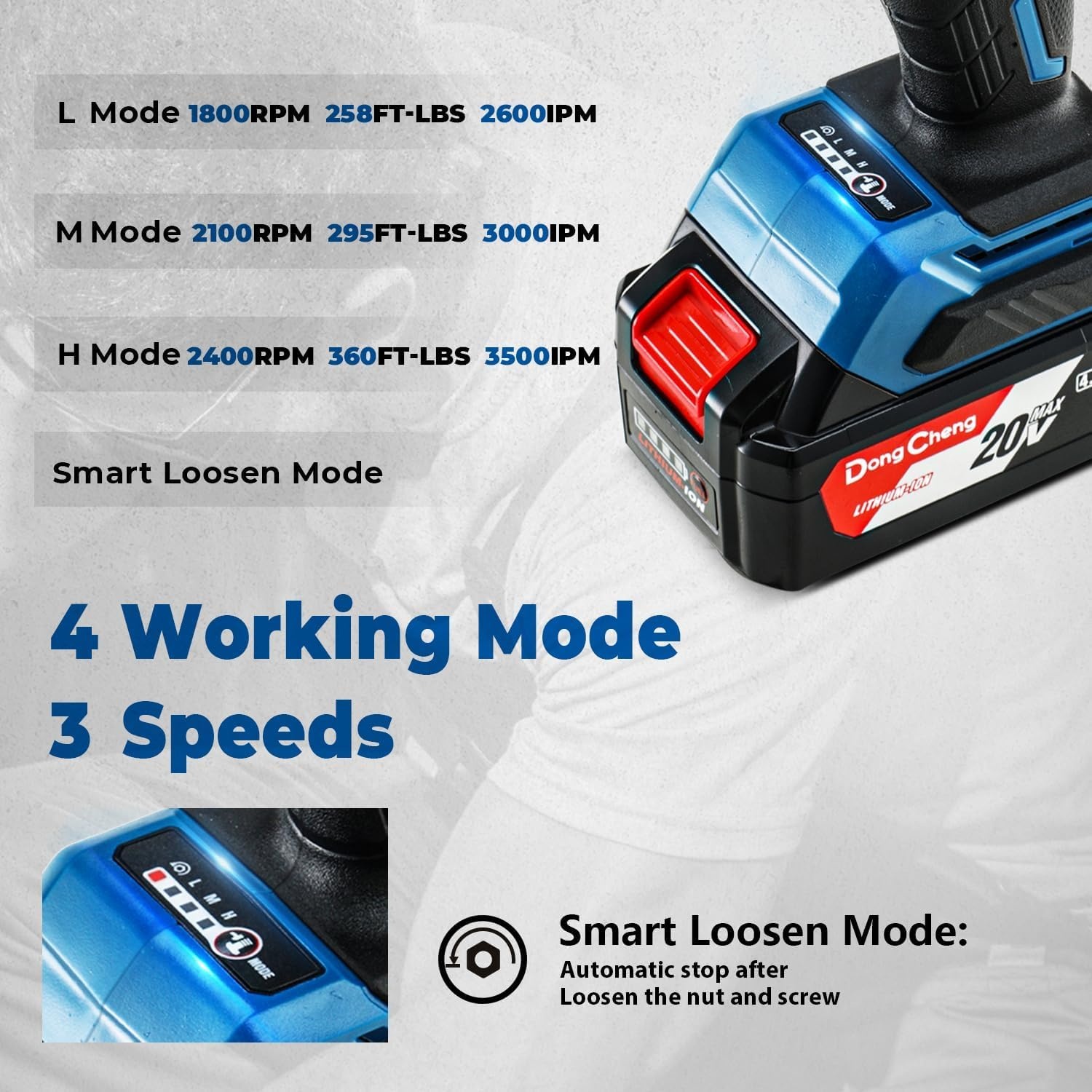 image:imageDong Cheng 20V Brushless Impact Wrench Max Torque 503 ftlbs 682 Nm 12 inch with 3 Mode Speed 2400 RPM Cordless Impact Gun Includes 40Ah Battery Charger 5 Impact Sockets and Kit BagBare Tool