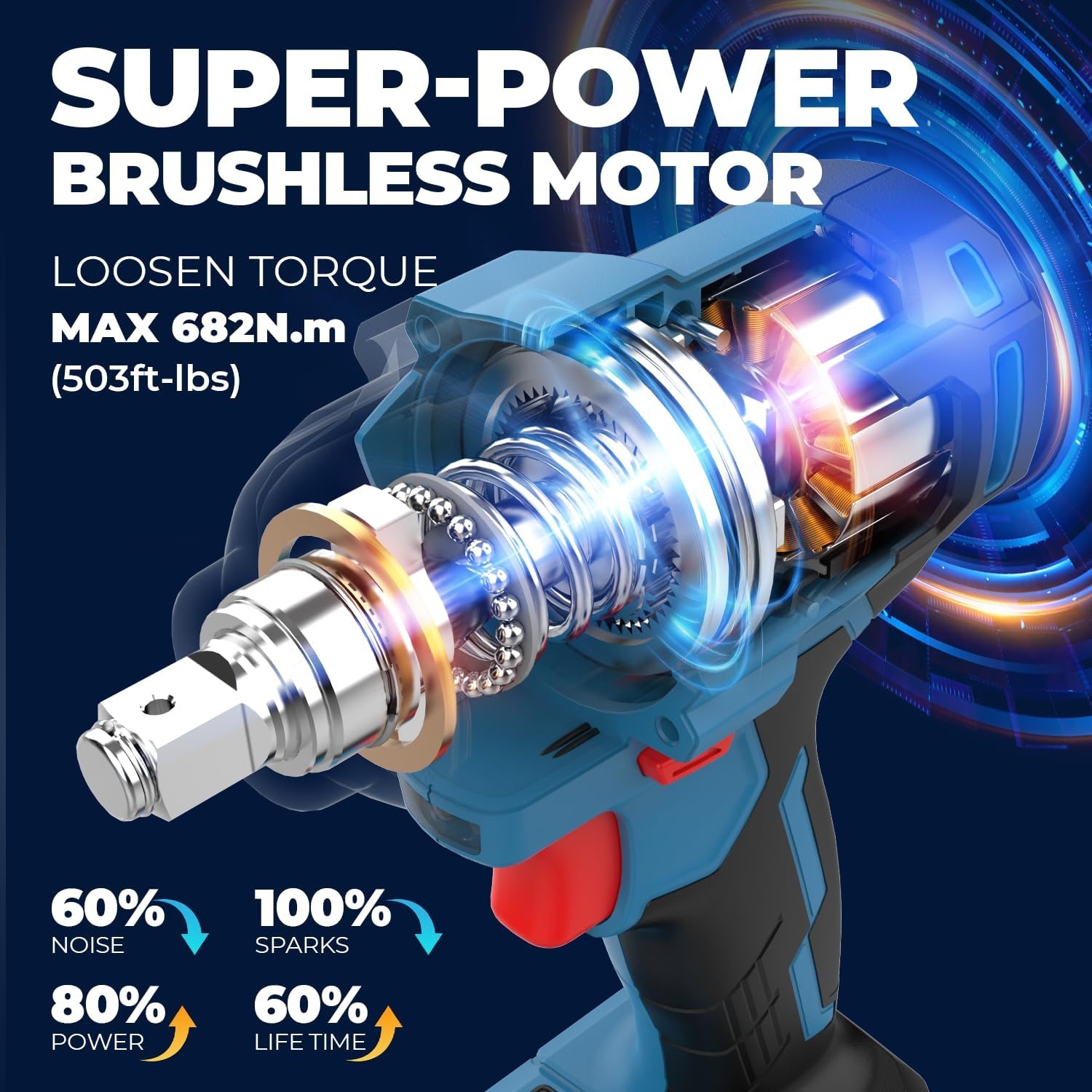 image:imageDong Cheng 20V Brushless Impact Wrench Max Torque 503 ftlbs 682 Nm 12 inch with 3 Mode Speed 2400 RPM Cordless Impact Gun Includes 40Ah Battery Charger 5 Impact Sockets and Kit BagOne Battery