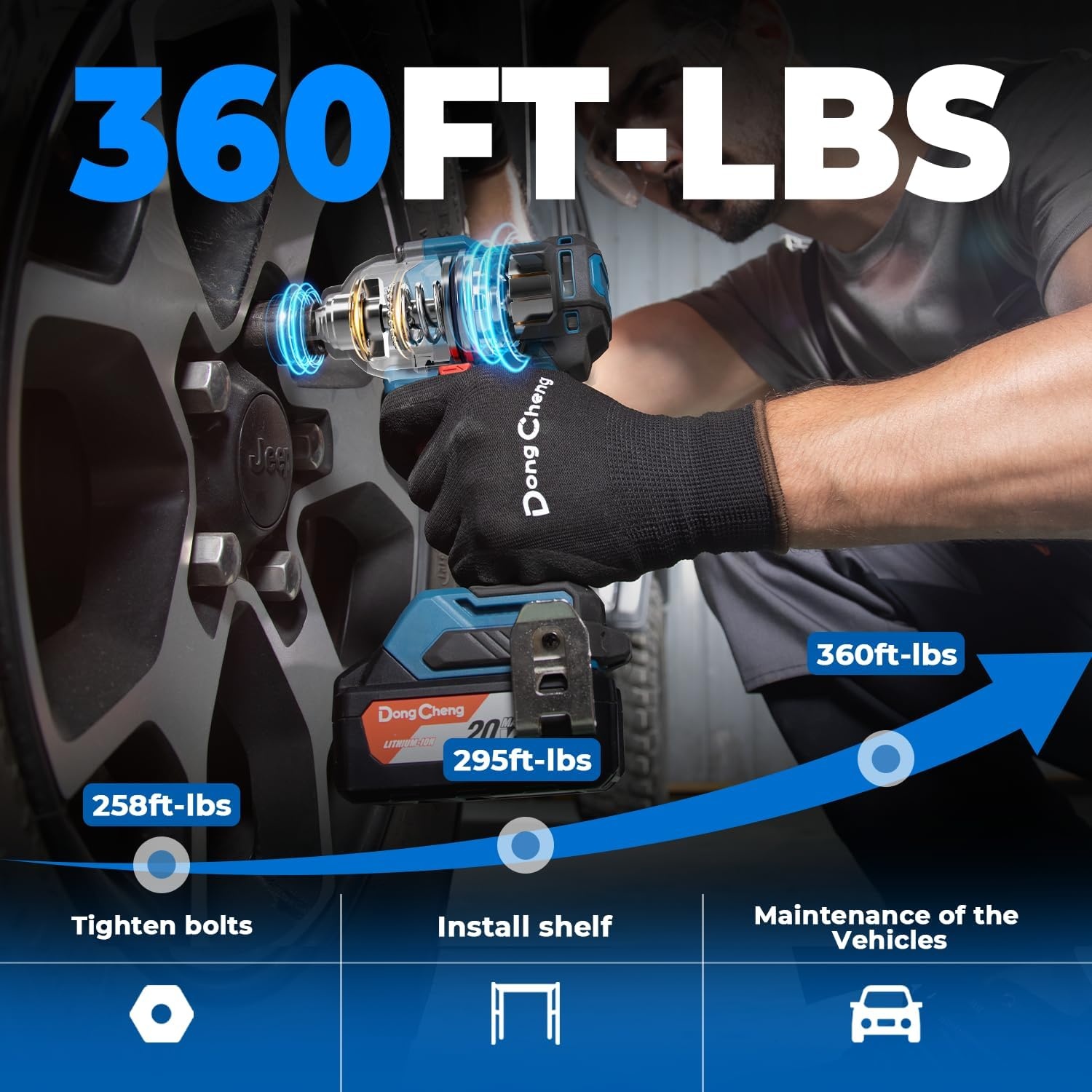 image:imageDong Cheng 20V Brushless Impact Wrench Max Torque 503 ftlbs 682 Nm 12 inch with 3 Mode Speed 2400 RPM Cordless Impact Gun Includes 40Ah Battery Charger 5 Impact Sockets and Kit BagBare Tool