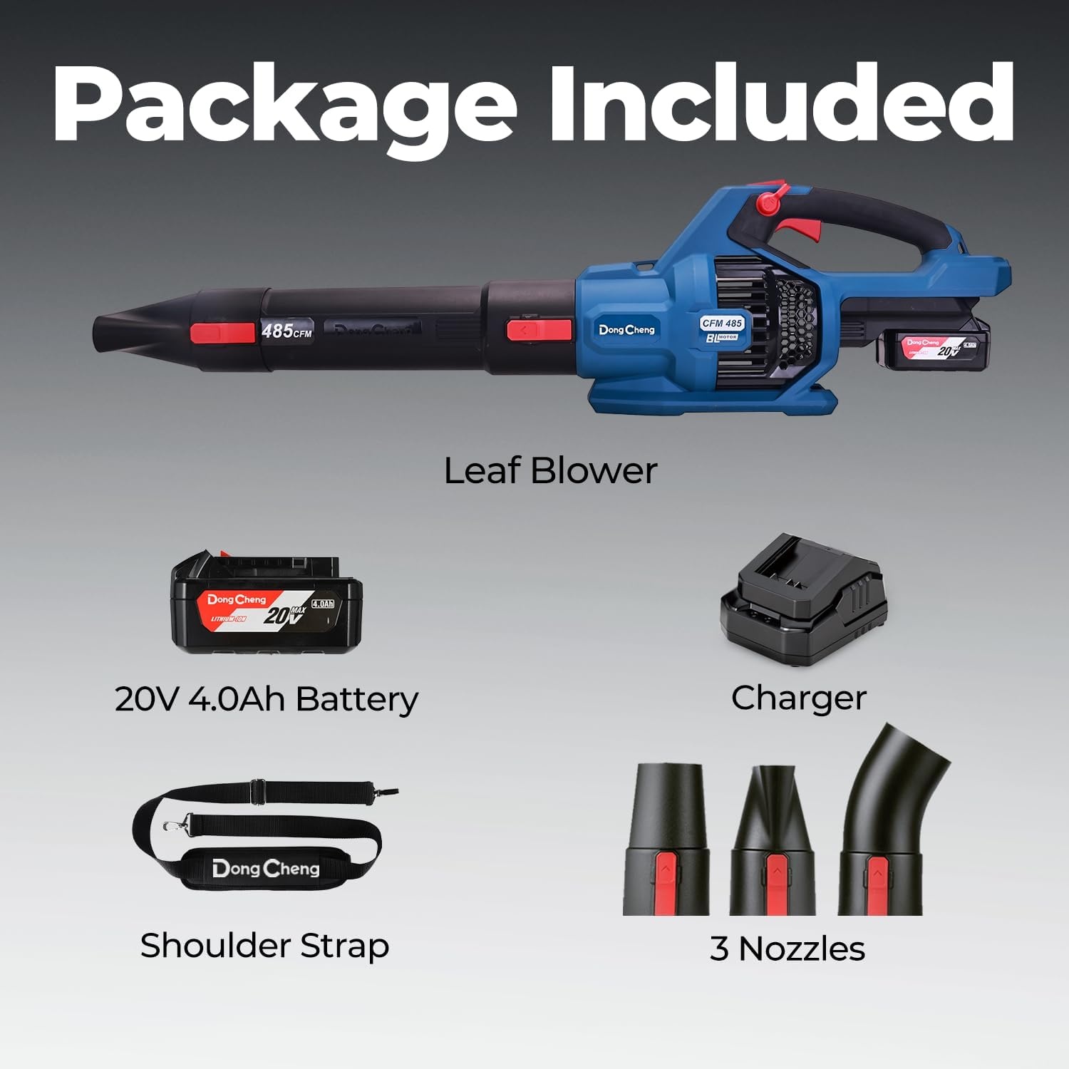 image:imageDong Cheng Brushless 20V Leaf Blower 485 CFM Variable Speed amp Turbo Mode Cordless Leaf Blower with 3 Nozzles Shoulder Strap 40Ah Battery and Charger Blowing Leaves for Patio Lawn amp Garden