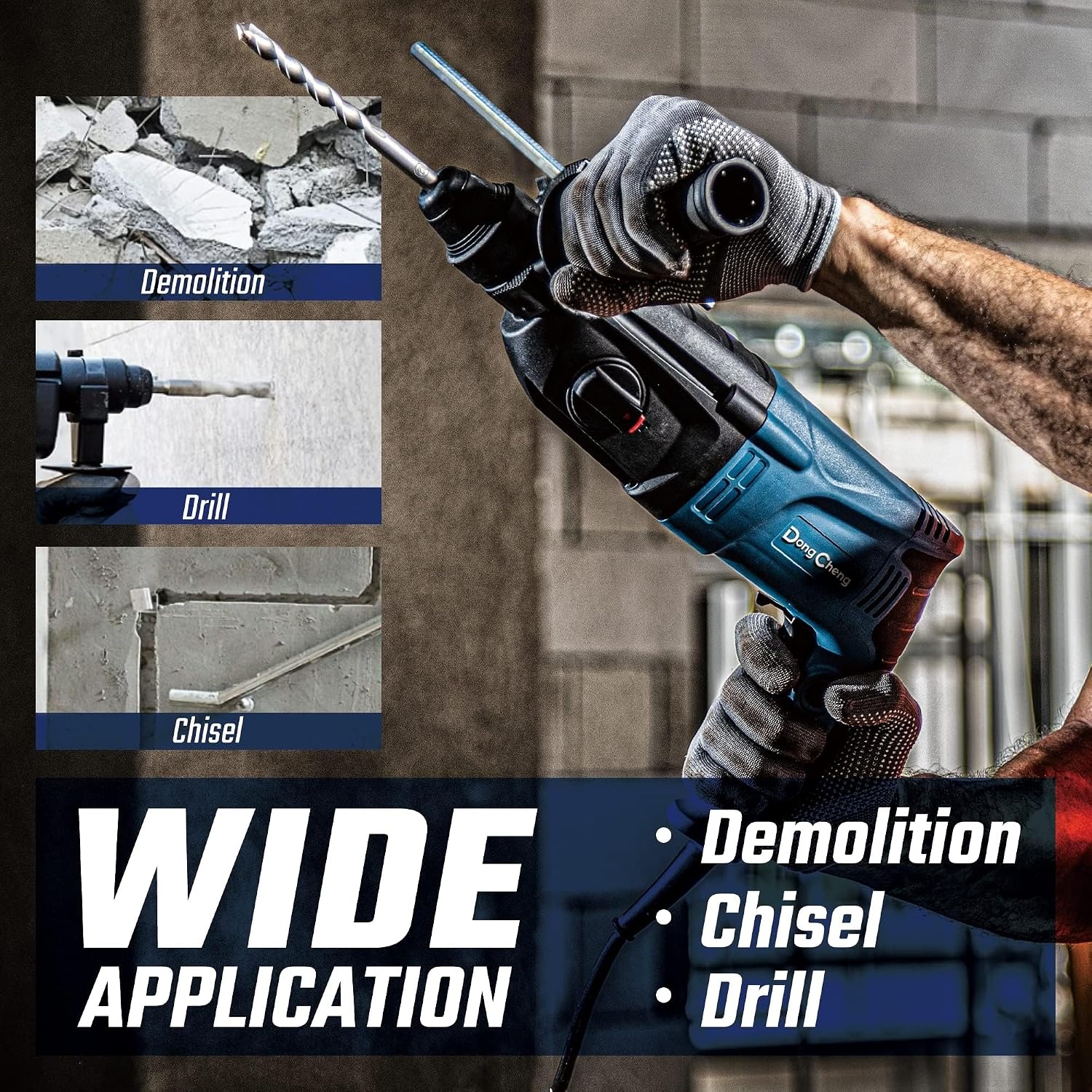 image:imageDongCheng 1 Inch SDSPlus Rotary Hammer Drill with Safety Clutch 67Amp Heavy Duty Corded Demolition Hammer for Concrete 1200 RPM 30 Joules Including 4pcs Drill Bits