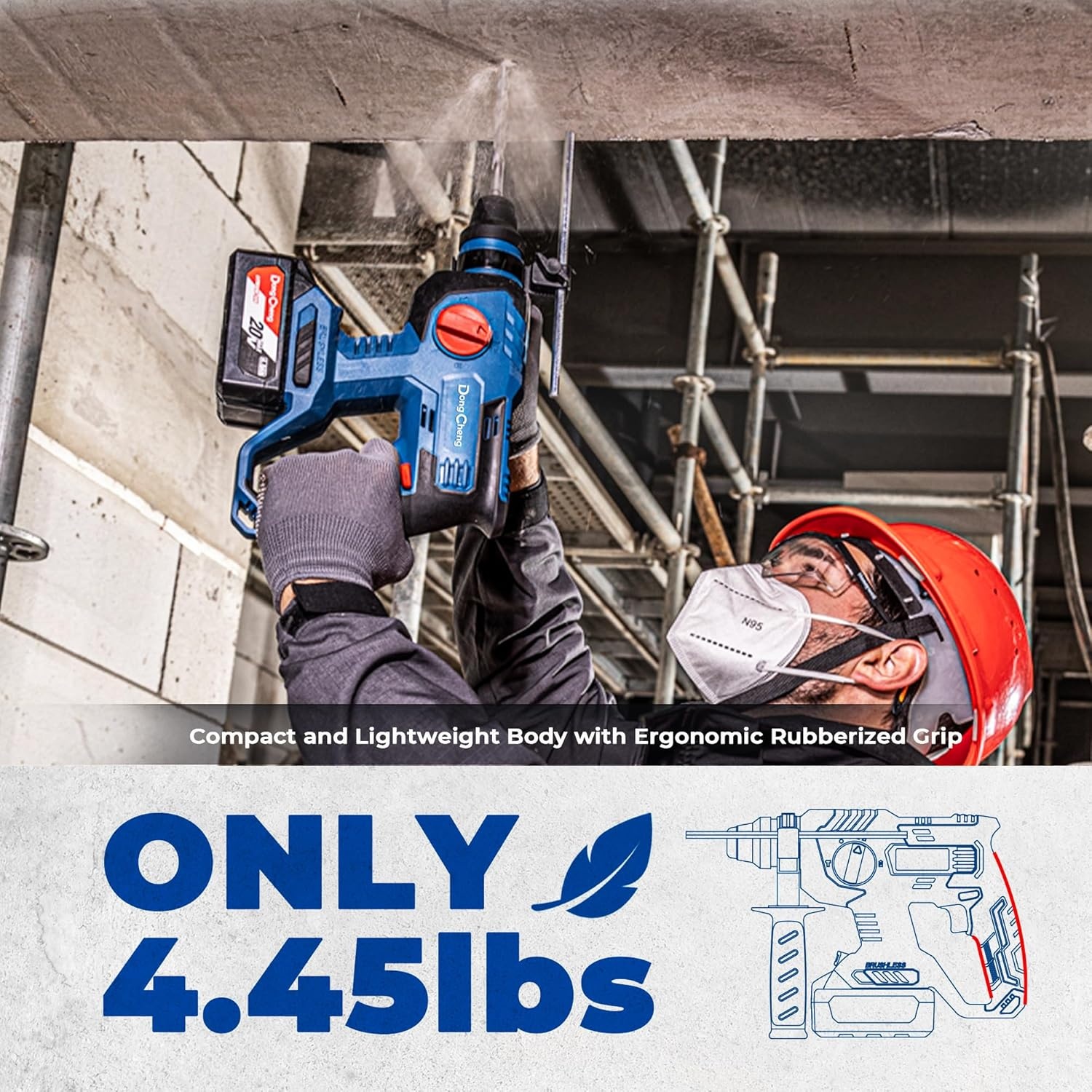 image:imageDongCheng 20V Max Brushless Rotary Hammer Drill 78 SDSPlus 21 J Impact 4 Modes 4500 BPM Cordless with 2x40Ah Battery Fast Charger 4 Bits Case for Concrete Drilling amp DemolitionTwo Battery