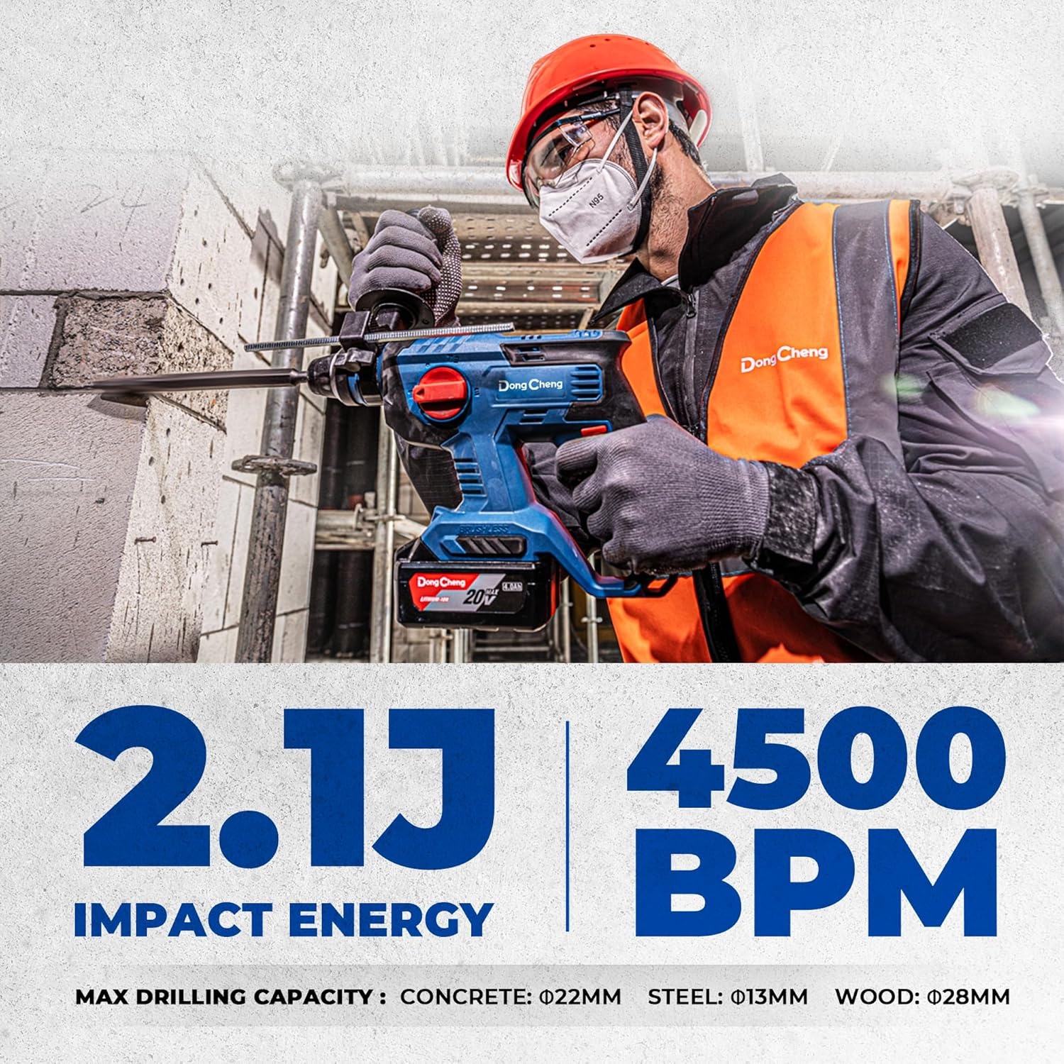 image:imageDongCheng 20V Max Brushless Rotary Hammer Drill 78 SDSPlus 21 J Impact 4 Modes 4500 BPM Cordless with 2x40Ah Battery Fast Charger 4 Bits Case for Concrete Drilling amp DemolitionTwo Battery