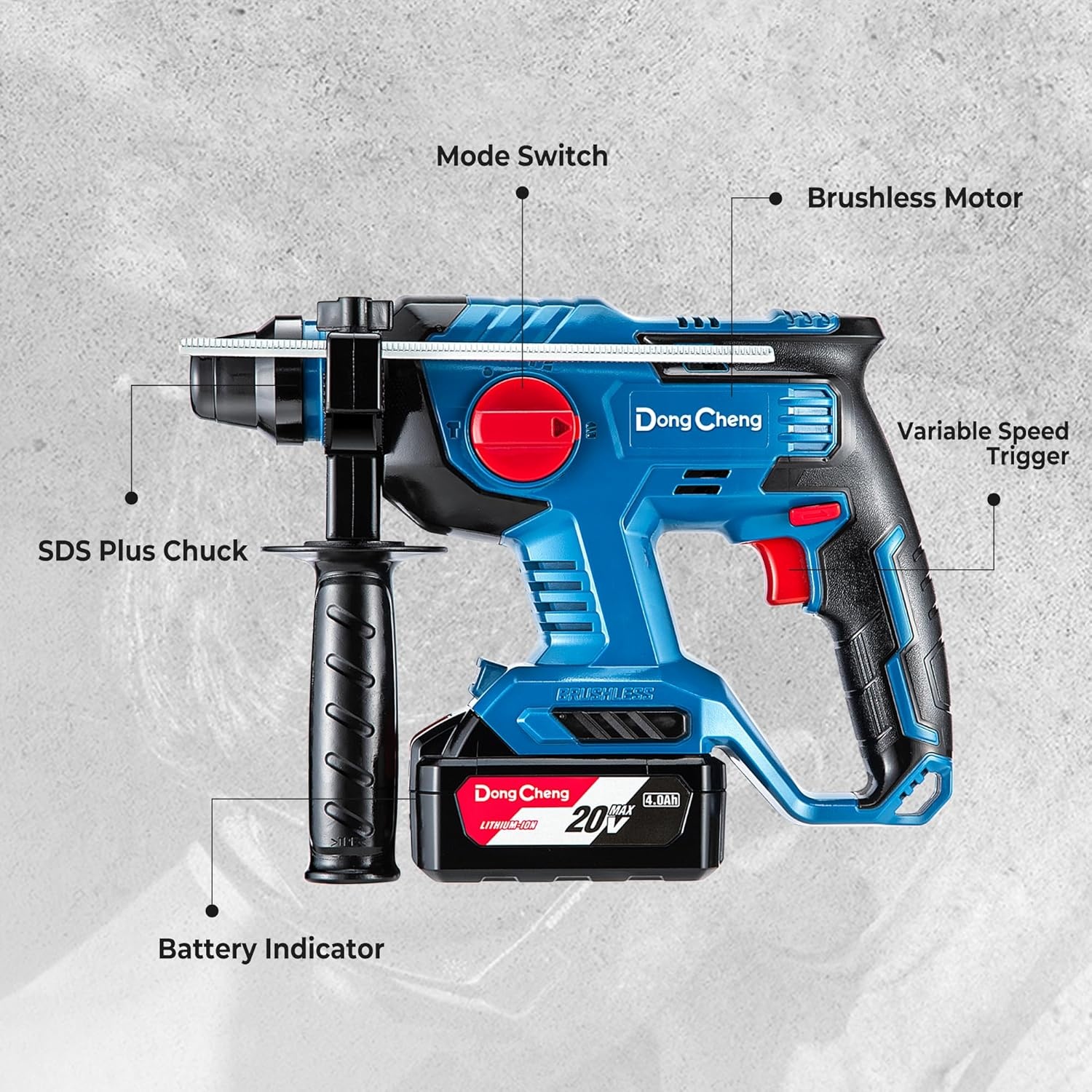 image:imageDongCheng 20V Max Brushless Rotary Hammer Drill 78 SDSPlus 21 J Impact 4 Modes 4500 BPM Cordless with 2x40Ah Battery Fast Charger 4 Bits Case for Concrete Drilling amp DemolitionTwo Battery