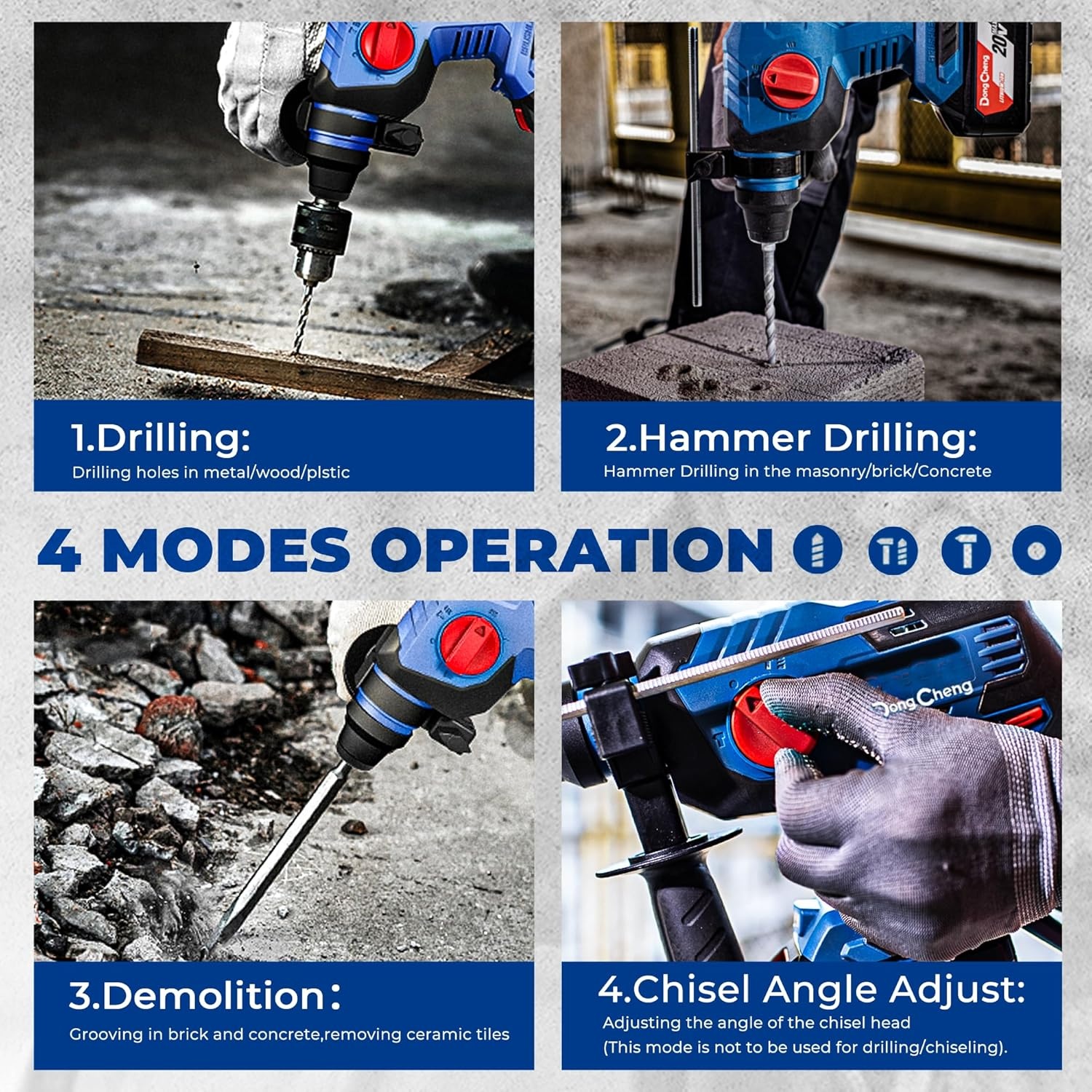 image:imageDongCheng 20V Max Brushless Rotary Hammer Drill 78 SDSPlus 21 J Impact 4 Modes 4500 BPM Cordless with 2x40Ah Battery Fast Charger 4 Bits Case for Concrete Drilling amp DemolitionTwo Battery
