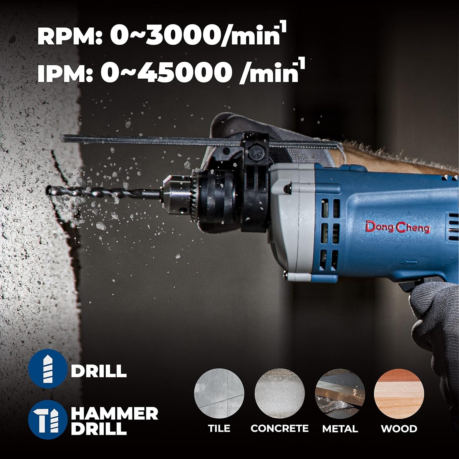 image:imageDongCheng Hammer Drill 6A12 Inch Keyed Chuck 03000 RPM45000 BPM Impact Drill with 15PCS Drilling Bits for Brick Wall Metal amp Wood DZJ0513