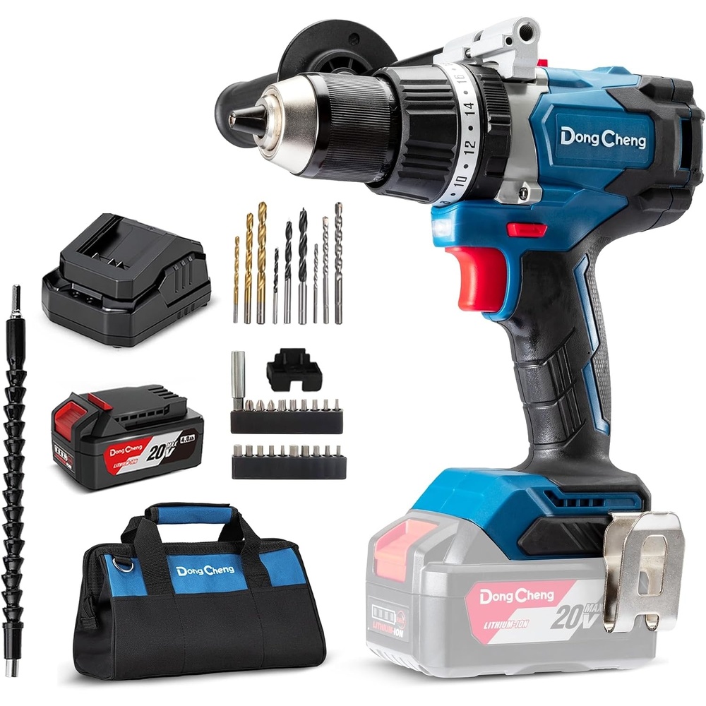 image:imageDong Cheng 20V Brushless Hammer Drill 1062 inlbs 12 Keyless Metal Chuck 2411 Clutch Cordless Hammer Drill with 40Ah Battery Kit for Drilling Brick Wall Metal Wood1062inlbs Hammer Drill