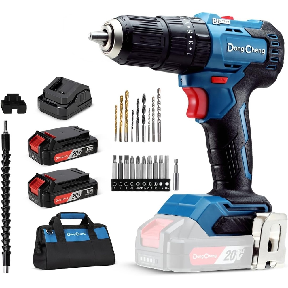 image:imageDong Cheng 20V Brushless Heavyduty Impact Drill 443 inlbs 27000 IPM 12 Keyless Metal Chuck 2011 Clutch Cordless Hammer Drill with 2 Battery Kit for Drilling Brick Wall Metal Wood443inlbs Impact Drill