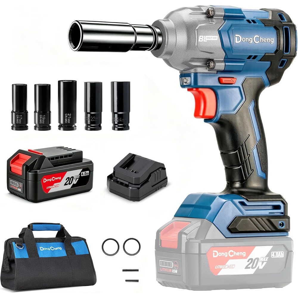 image:imageDong Cheng 20V Brushless Impact Wrench Max Torque 503 ftlbs 682 Nm 12 inch with 3 Mode Speed 2400 RPM Cordless Impact Gun Includes 40Ah Battery Charger 5 Impact Sockets and Kit BagOne Battery