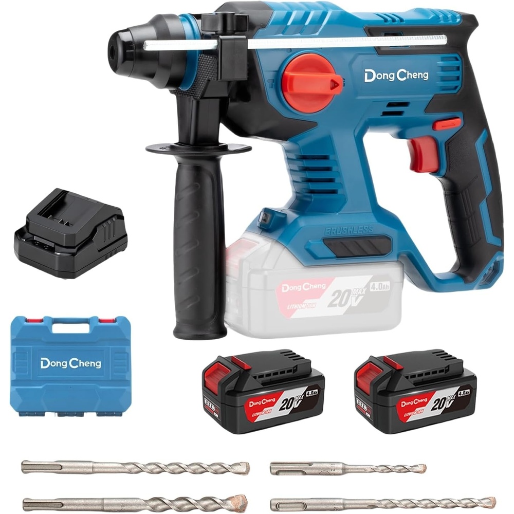 image:imageDongCheng 20V Max Brushless Rotary Hammer Drill 78 SDSPlus 21 J Impact 4 Modes 4500 BPM Cordless with 2x40Ah Battery Fast Charger 4 Bits Case for Concrete Drilling amp DemolitionTwo Battery